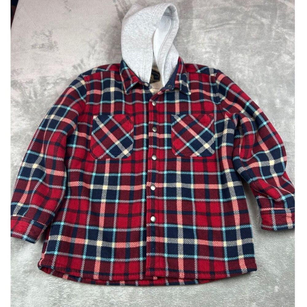 Freedom Foundry Boys L 14/16 Red Plaid Sherpa Lined Hooded Flannel Shacket